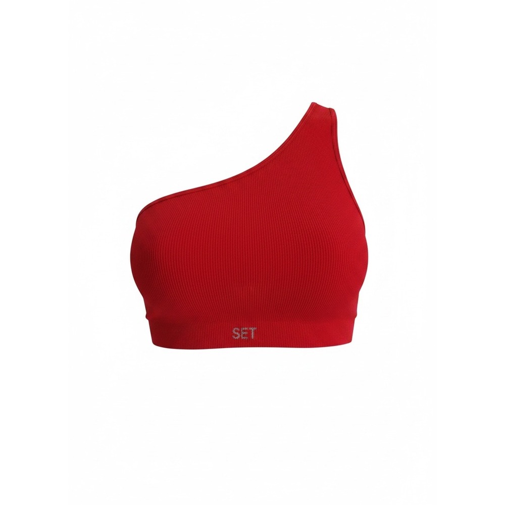SET ACTIVE Ribbed One Shoulder Sports Bra Red Asymmetrical Womens Large